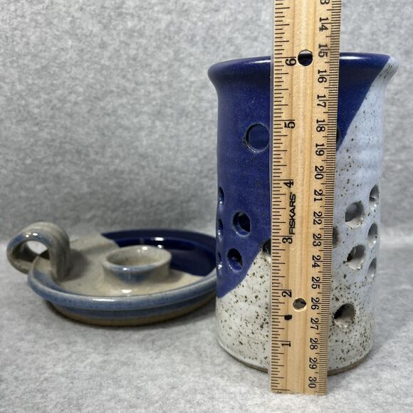Pottery Candlestick Holder With Luminary Votive Shade Stoneware Blue Glaze 2 Pc - Picture 14 of 14